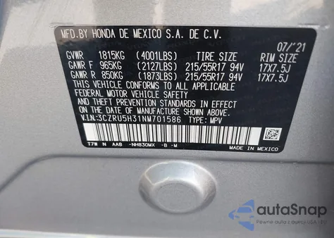 2022 Honda Hr-V 2Wd Lx from USA, damaged, VIN 3CZRU5H31NM701586